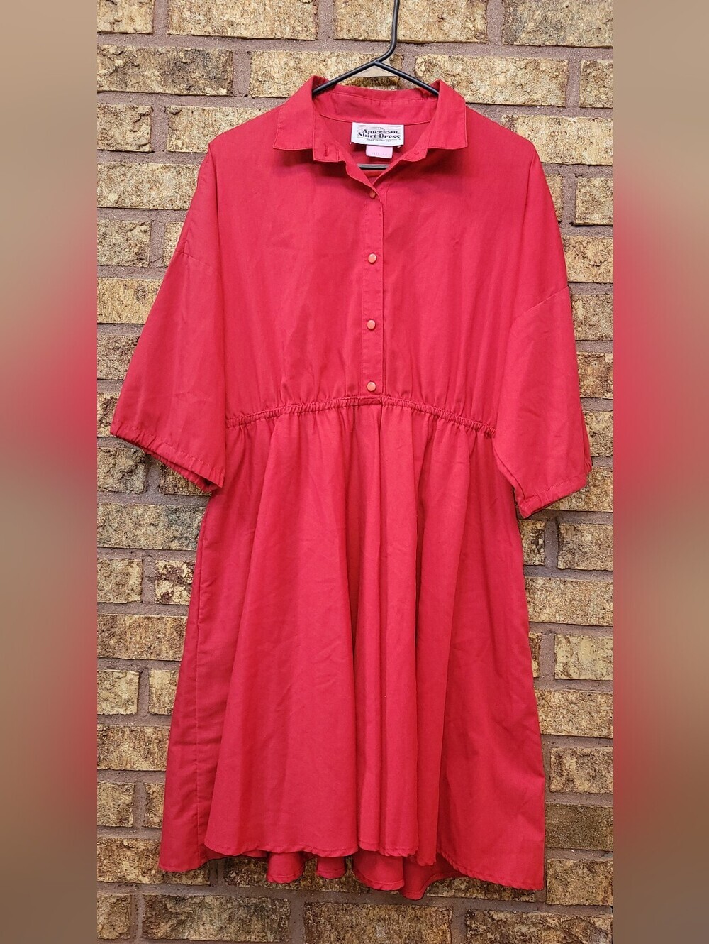 Vintage The American Shirt Dress Red Button-Front Dress Gathered Waist Size 16